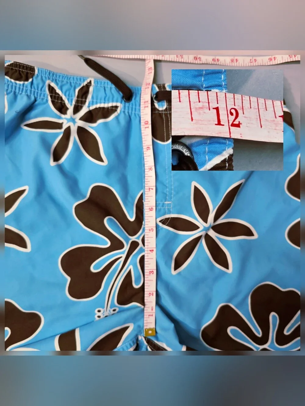 Vtg Y2K Hawaiian Hibiscus Board Shorts Swim Trunks Sky Blue Brown Youth Large